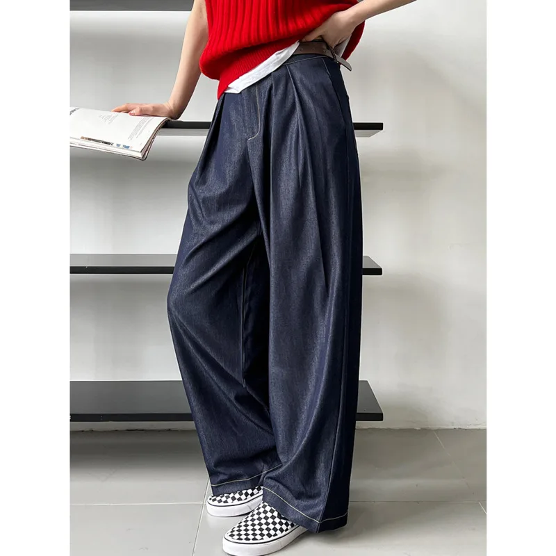 

2023 Summer New Low Waist Wide Leg Jeans Women Loose Straight Pleated Thin Casual Lyocell Denim Pants With Belt