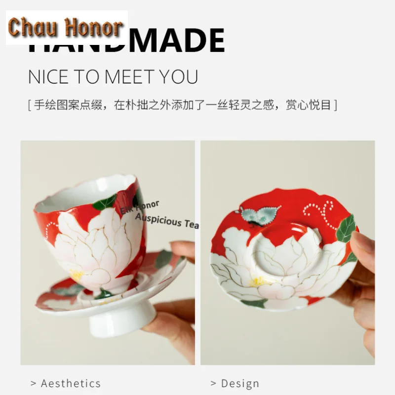 75ml Hand-painted Butterfly Peony Red Teacup Elegant Tea Bowl Cup Holder Kits Tea Tea-tasting Smelling Cup Jianzhan Master Cups