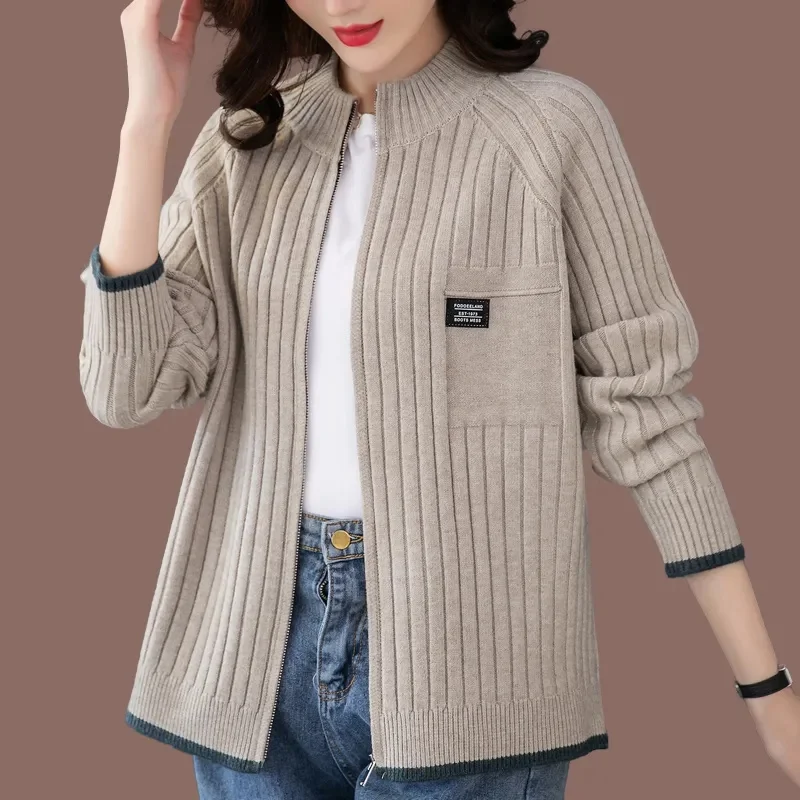 Knitted Cardigan Women's Jacket 2024 Spring And Autumn New Outerwear Loose And Stylish Long Sleeved Casual Zipper Sweater Green