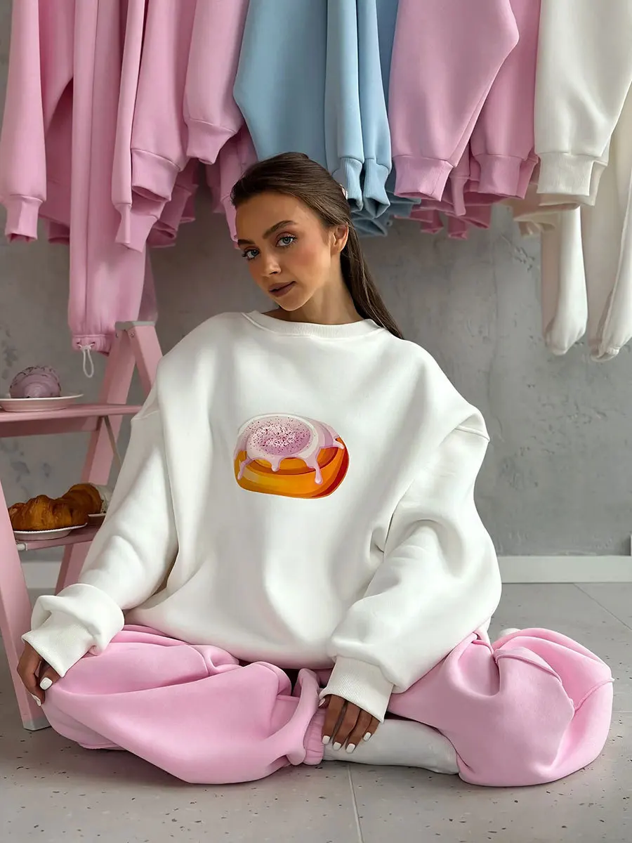 Bornlaides New Autumn Winter  Cake Printed Pullover Women's Plush Loose Slimming Long Sleeves Sweatshirts O-neck Pullover Hoodie