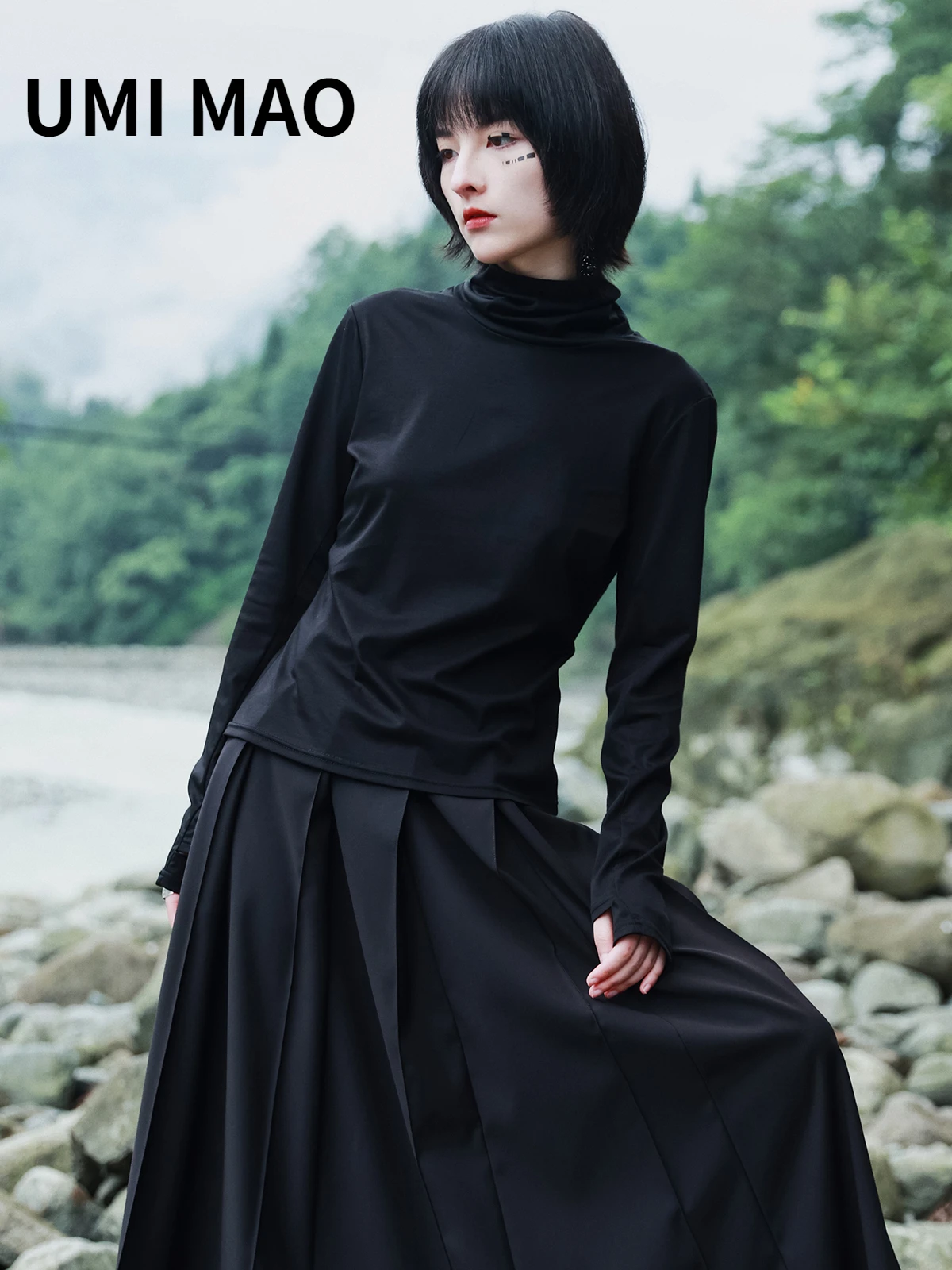 Umi Mao Yamamoto Cinese Versatile Bicolore Heap Neck Undercoat T-Shirt Finger Maglieria Donna Slim Top Femme Y2K