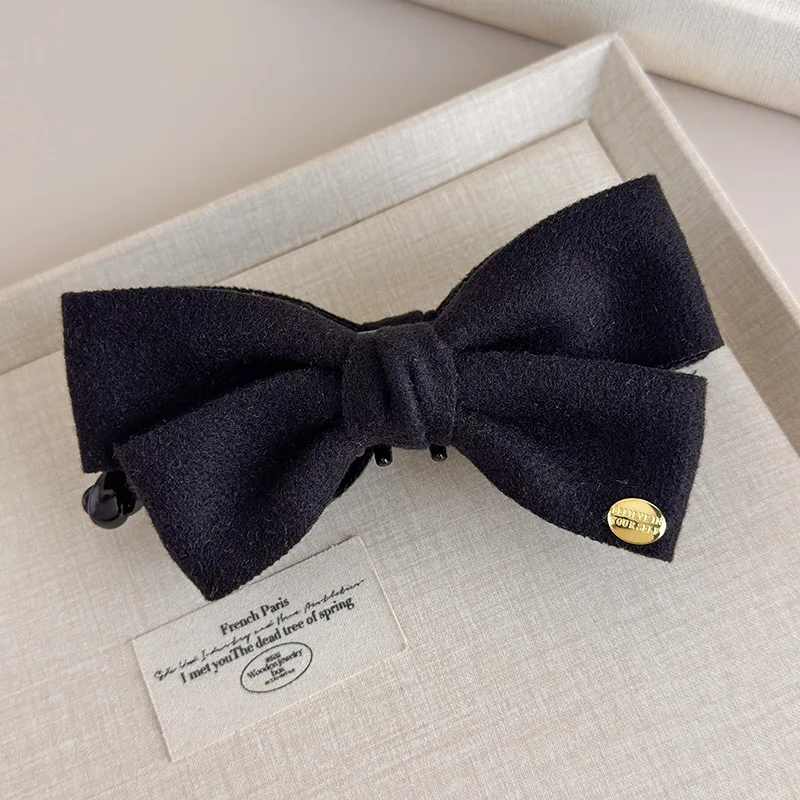 Anspruchsvoller doppelseitiger Tweed-Bananenclip mit Schleife für Herbst/Winter und goldenem Etikett, vertikaler Clip, Pferdeschwanz-Haar-Accessoire – Detail 14