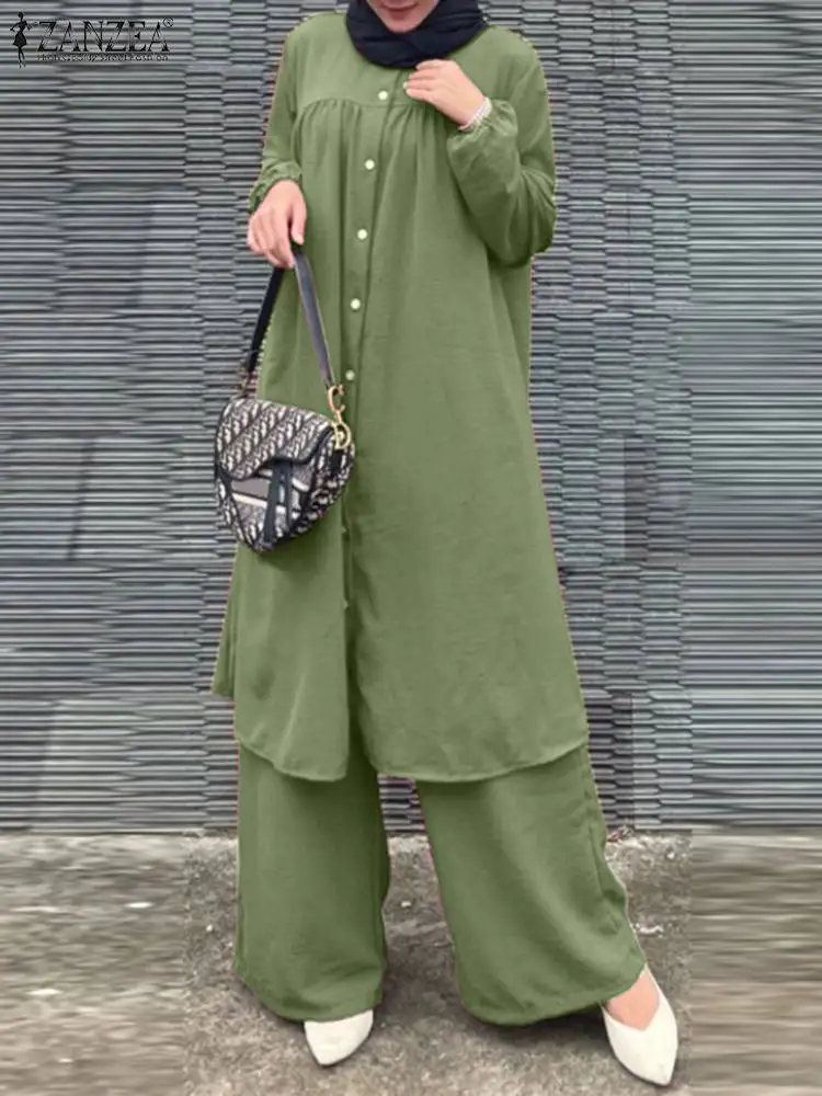 

2023 ZANZEA Fashion Solid Urban Tracksuits Autumn Woman Muslim Sets Long Sleeve Tops Wide Leg Pants 2pcs Casual Islamic Clothing