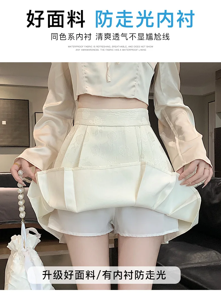 New Chinese style Chinese style short skirt, women's anti glare small stature high waisted A-line half body pleated skirt