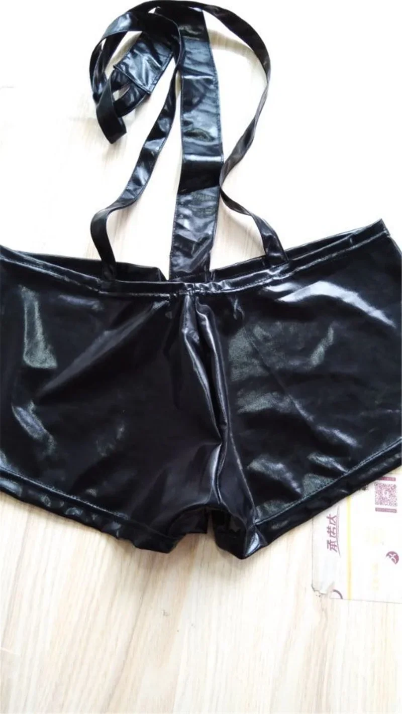 Sexy Men Patent Leather Bodysuits Shorts Black Wetlook Panties Braces Rompers Suspender Trousers Strap Jumpsuits Night Club Wear