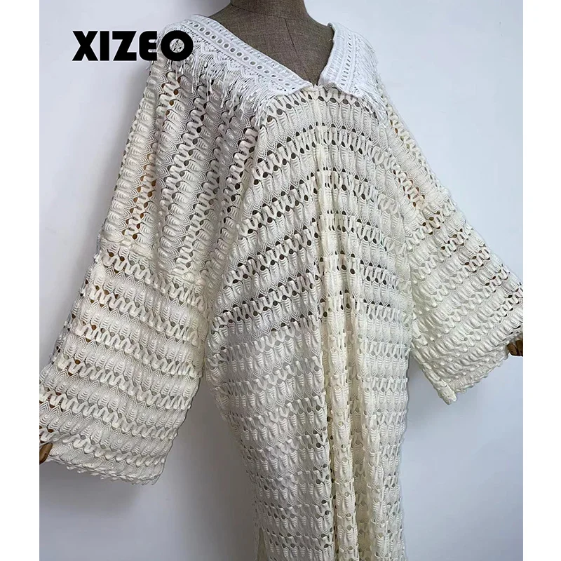 XIZEO  Cover Up Women  Fashion Sexy Boho African Holiday Party Long Sleeve Silk Feeling Robe Kimono Kaftan