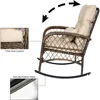 MAXPRIME 3 Pieces Outdoor Wicker Bistro Set, Rattan Outdoor Rocking Chairs Set of 2 with Cushions & Glass-Top Coffee Table,Patio 4