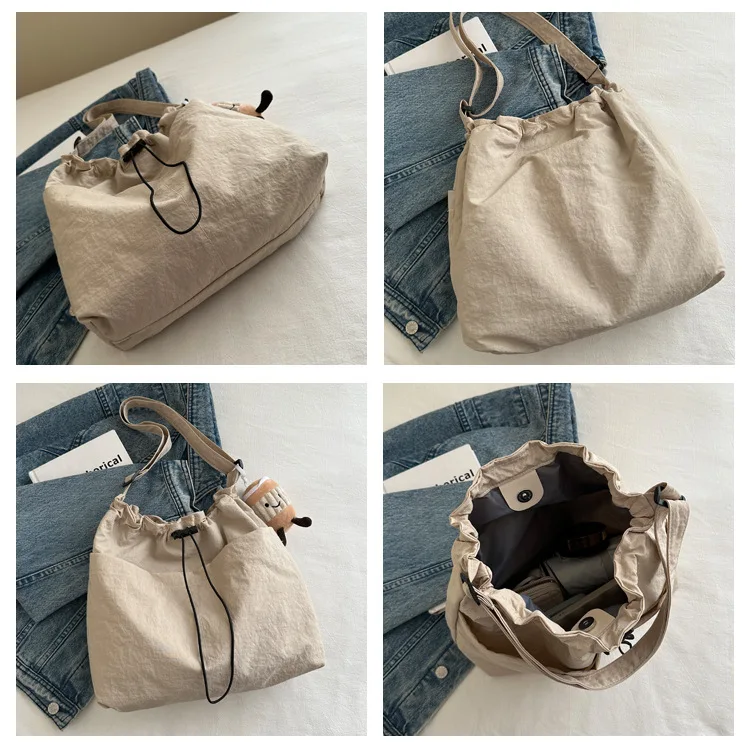 2024 New Large-capacity Waterproof Nylon Cloth Drawstring Pleated Shoulder Bag Travel Leisure Crossbody Bucket Bag