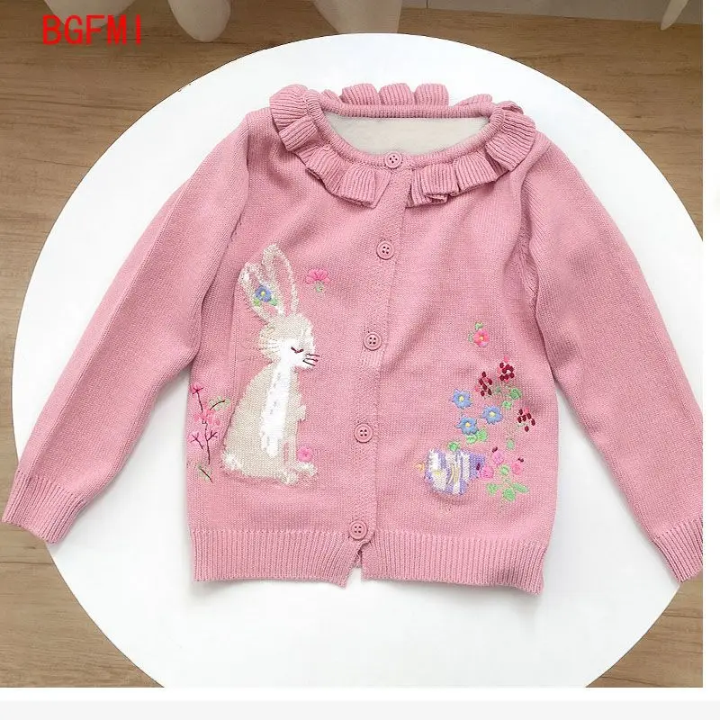 2-9세 아동용 가디건 여아용 핑크 토끼 자수 러플 라운드 넥 2025 아동용 플리스 안감 스웨터 니트 상의