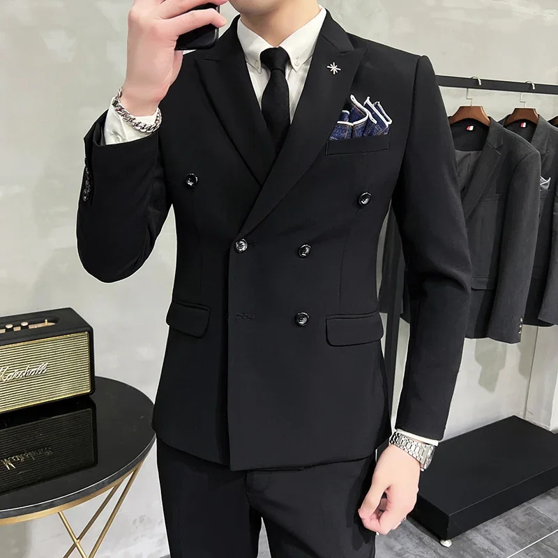Brand Solid Color Formal Casual Business Office Double Buttons Suit Two-pcs Set Jacket Pants Groom Wedding Dress Party