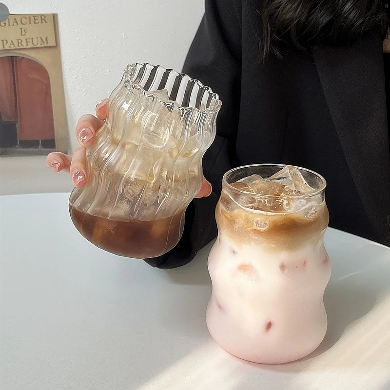 Transparenter Glasbecher, edler hitzebeständiger Becher, Tee-, Saft-, Milch-, Kaffee- und Wasserbecher, gestreifter Becher, Trinkgefäß_voghion.com