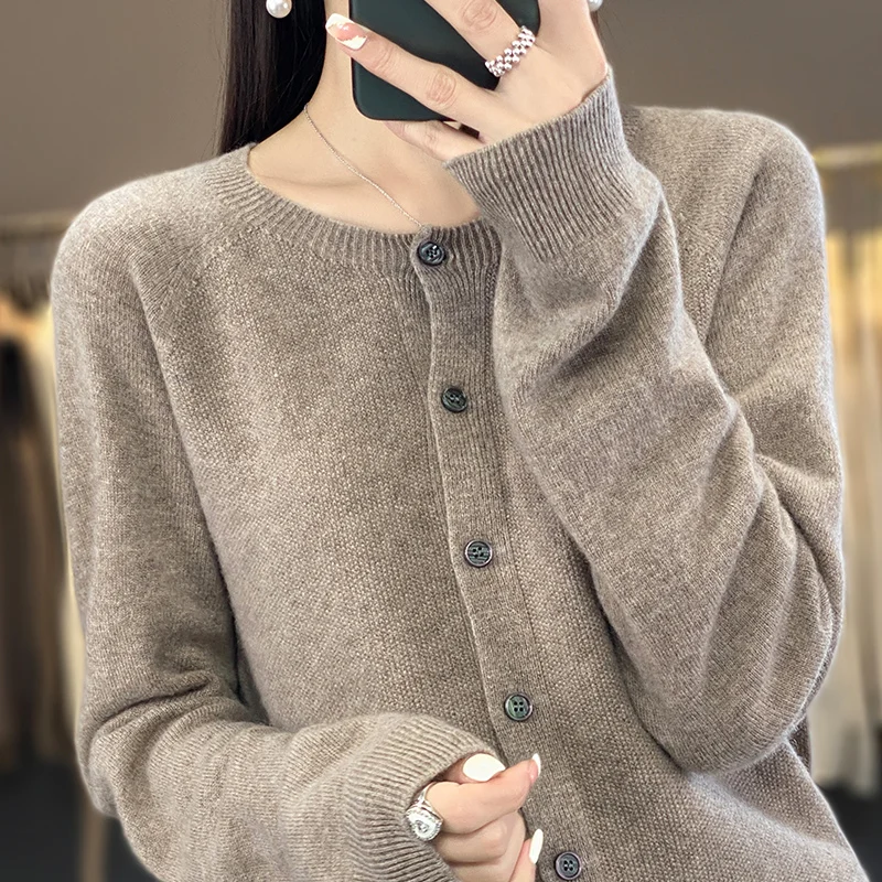 여성용 100 호주 울 가디건, O넥 단색 가디건, 편안한 니트 스웨터, 단추 스타일