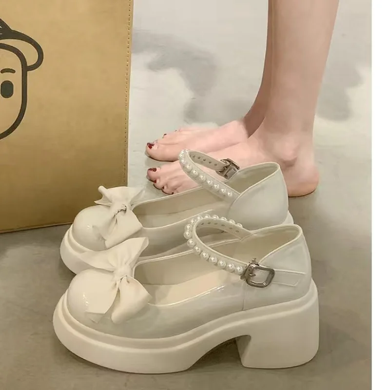

New Women Mary Jane Shoes High Heels Spring Summer Closed Toe Sandals Ladies Mary Jane Chunky Heel Pumps Kawaii Shoes Bow Pearl