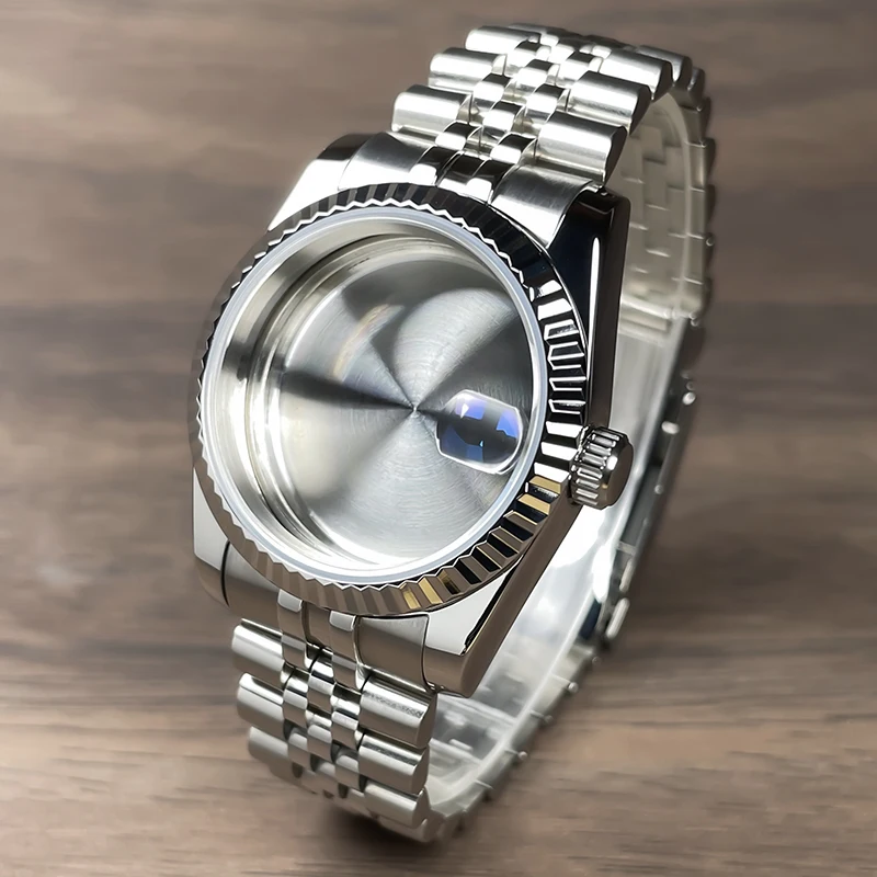 Premium Fluted Bezel Watch Case with Sapphire Glass - Stainless Steel