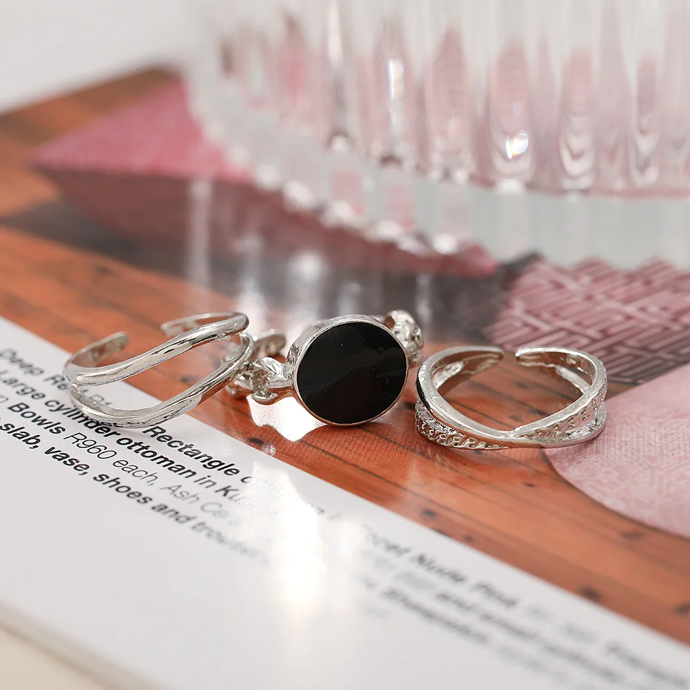 

Simple Epoxy round Open Ring Female Personality Black Dripping Oil Double Layer Cross Open Ring Set of 3