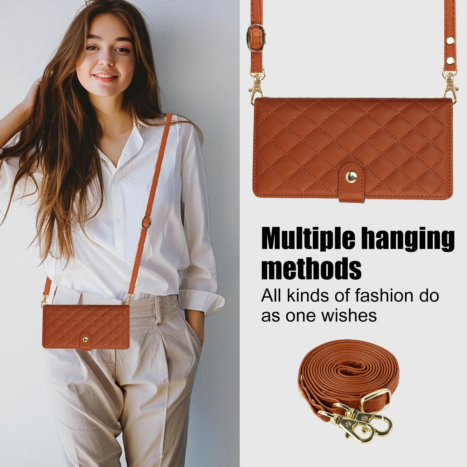 Crossbody Zipper Card Slot Leather Wallet Case with Lanyard Cover