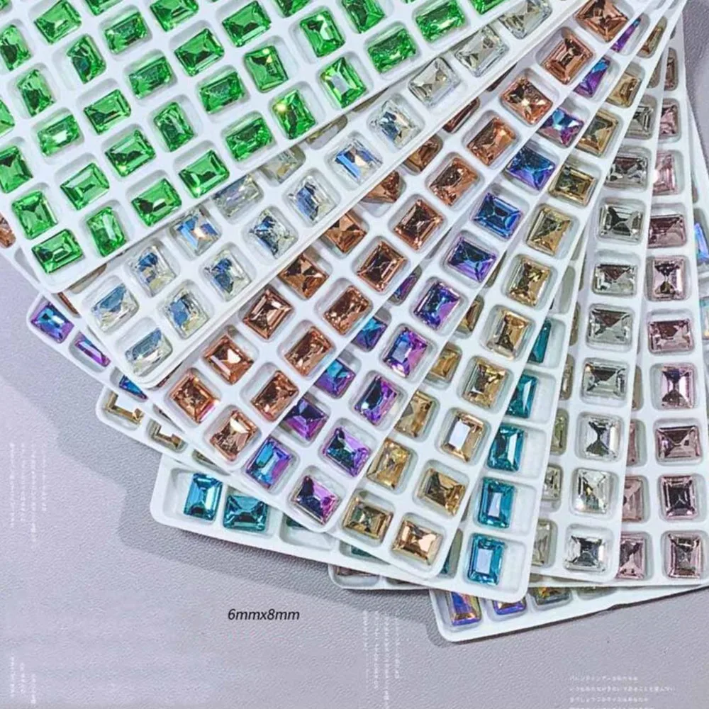 50개 고급 6x8mm 사각 설탕 큐브 네일 다이아몬드 멀티 컬러 투명 크리스탈 네일 라인스톤 반짝이 네일 젬 장식