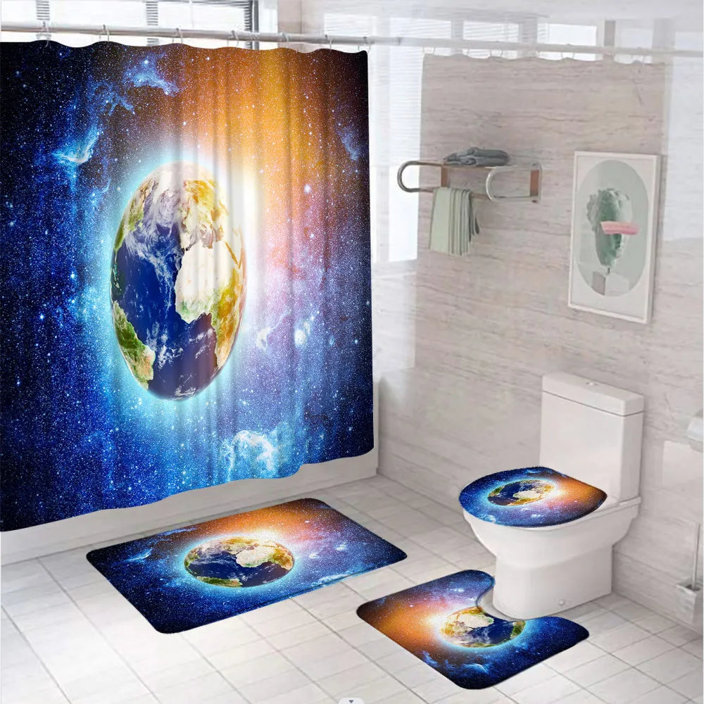 

Fantasy Galaxy Starry Sky Fabric Shower Curtain Set Earth Planet Outer Space Universe Bathroom Decor Bath Mat Rug Toilet Cover