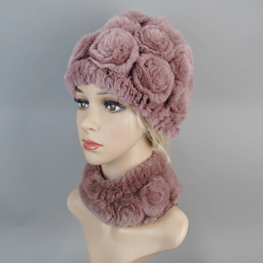 Fashion Girl Fur Cap Scarf Suit 100% Genuine