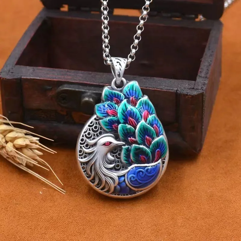 

Fashion Blue Color Cloisonne Peacock Flaunting Its Tail Pendant Necklace Phoenix Long Chain Necklace Sweater Chain Women Jewelry