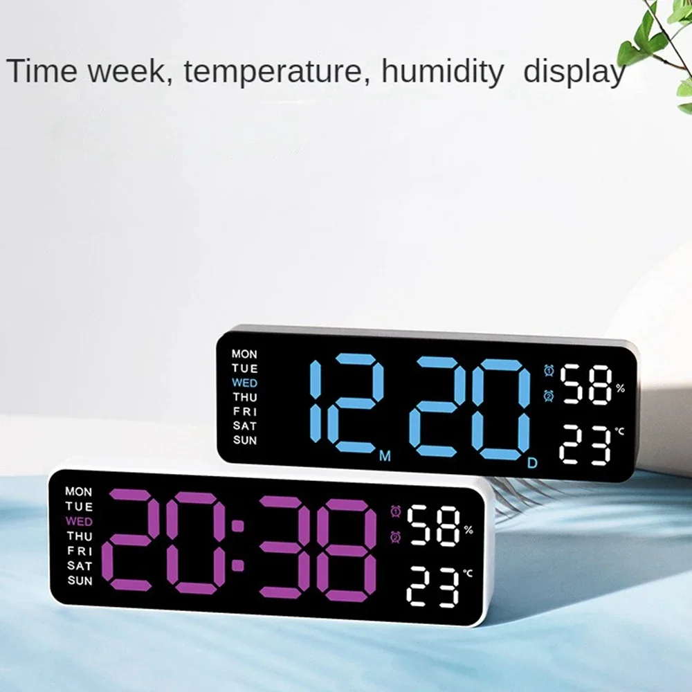 Large Digital Wall Clock Temperature and Humidity Week Display Brightness Adjustable 12/24H