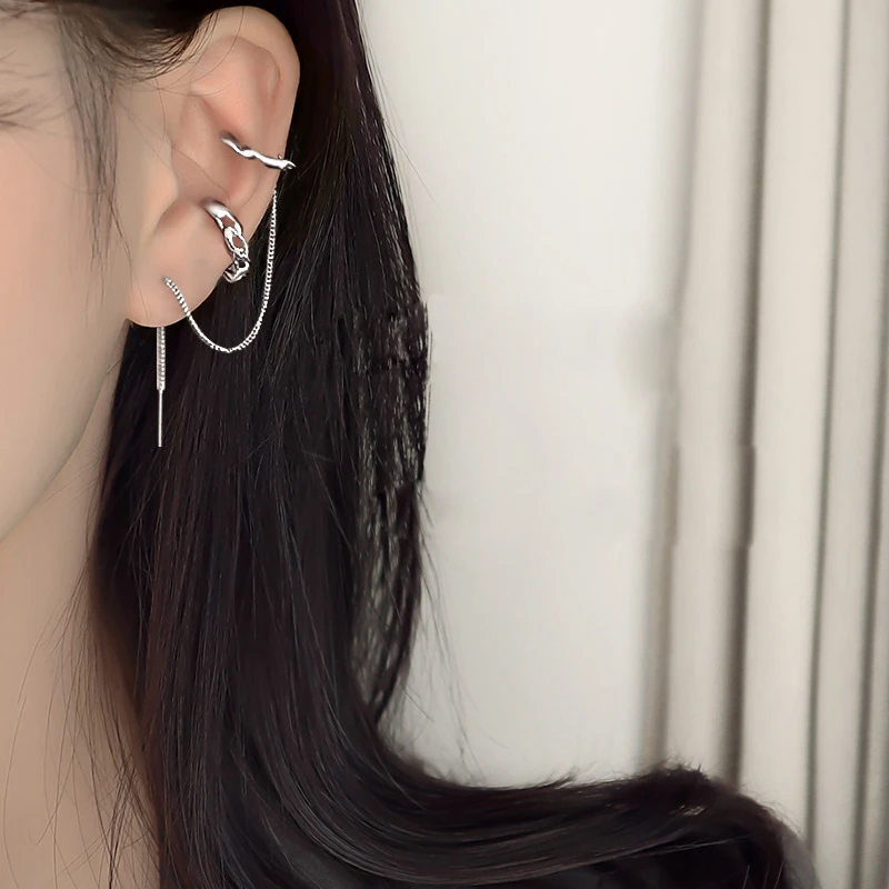 Cool Punk Style Geometry Spiral Long Tassels Chain Earring Asymmetric