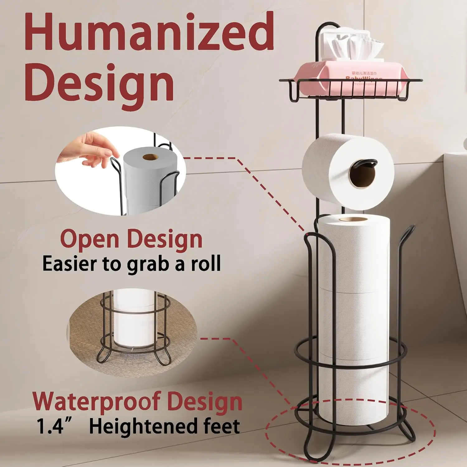 Toilet Paper Holder Stand Bathroom Toilet Paper Storage with Raised Base Tissue Roll Dispenser with Top Shelf