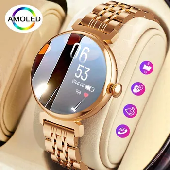 여성용 AMOLED 스크린 패션 스마트 워치 스크린, 항상 디스플레이 블루투스 통화 스마트워치, 금속 바디 소형 스크린 시계, 1.04 인치