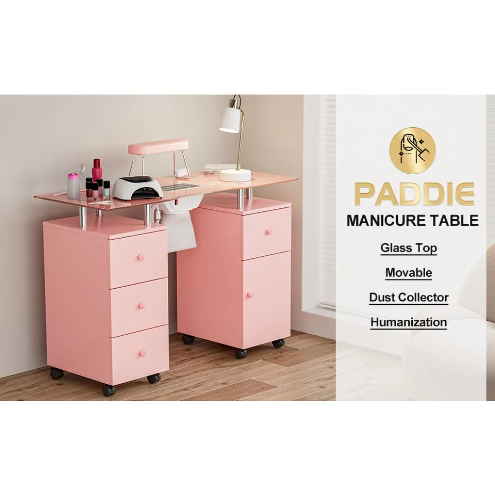 Description Picture 2 of itemPaddie Manicure Table with Glass Top, Foldable Arm Rest, Lockable Wheels, Storage Drawers for Nail Tech