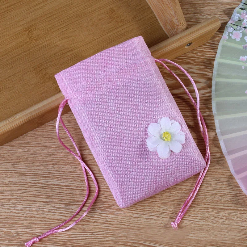 20 PCS/Lot 10x14cm Pink Purple Cotton Linen Bags Flower Drawstring Pouches For Wedding Christmas Party Gift Packaging Sachet Bag