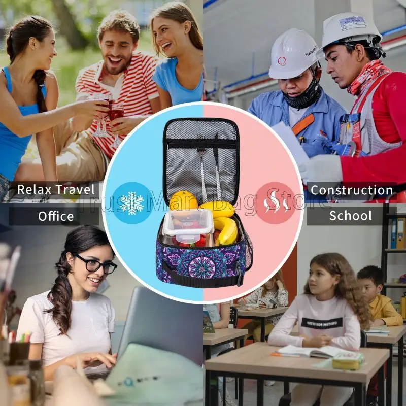 Boho Blue Mandala Retro Floral Insulated Lunch Bag Reusable Waterproof Lunch Box Thermal Cooler Tote Bag for Work Travel Picnic