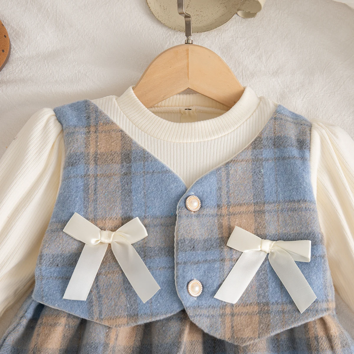 Mädchen Weihnachten Party Kostüm Kleinkind Mädchen Frühling Herbst Kleid Colorblock Plaid Schleife Langarm Kleid – Detail 5