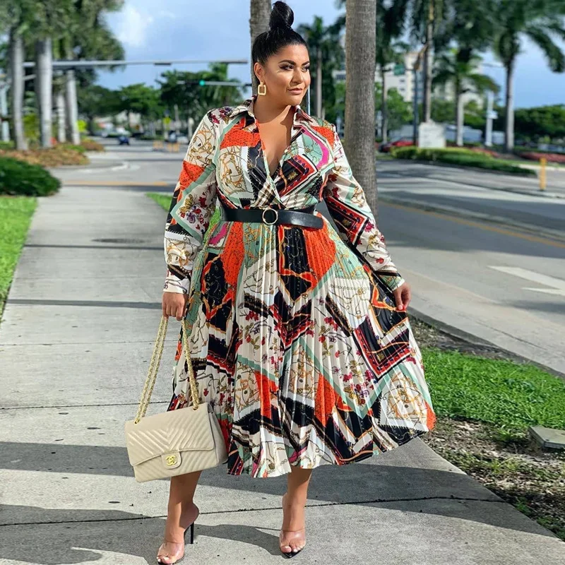 

Plus Size Elegant Pleated Dress with Belt XL-5XL Autumn Long Sleeve Ruched Printed Ladies Half Dresses Office Lady Vestidos 2023