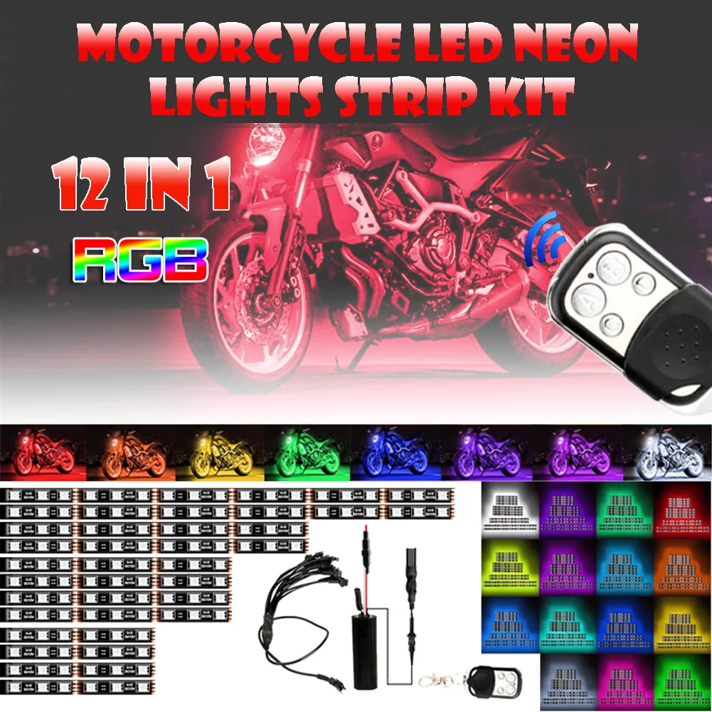 

12Pcs Motorcycle RGB 120LED Neon Under Glow Lights Strip Kit For Harley Honda