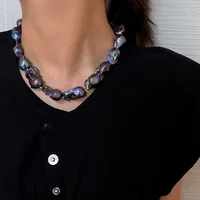 Grand collier de perles baroques irrégulières, boule de flamme, noir, paon, bleu, perles naturelles, bijoux élégants 2