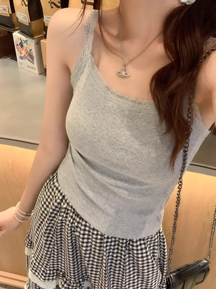 White Lace Crop Top Women's Summer Svel Vest Sweet And Spicy Slimming ort Trendy Cotton Blend Comfortable Innerwear