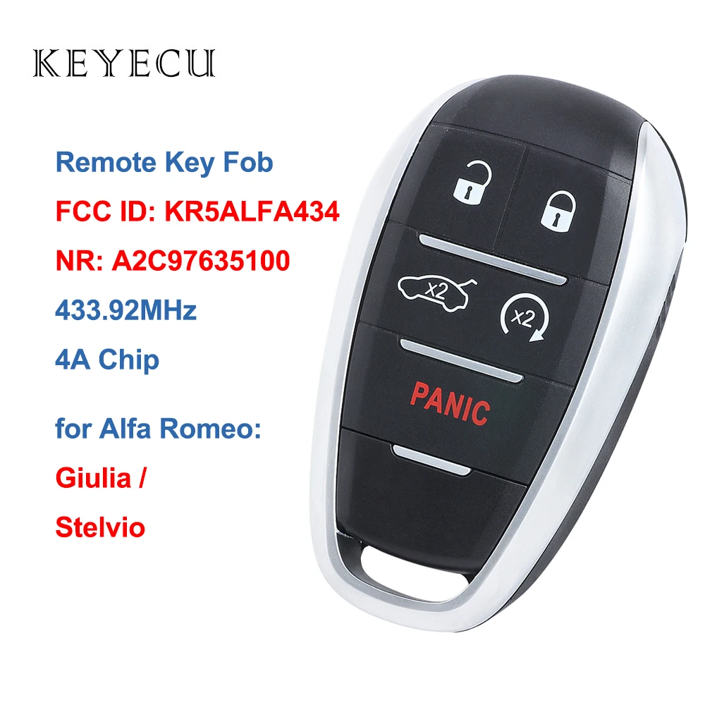 

Keyecu A2C97635100 дистанционный ключ-брелок от машины для Alfa Romeo Giulia Stelvio 2017 2018 2019 2020 FCC ID: KR5ALFA434, 433,92 Mhz, 4A Chip