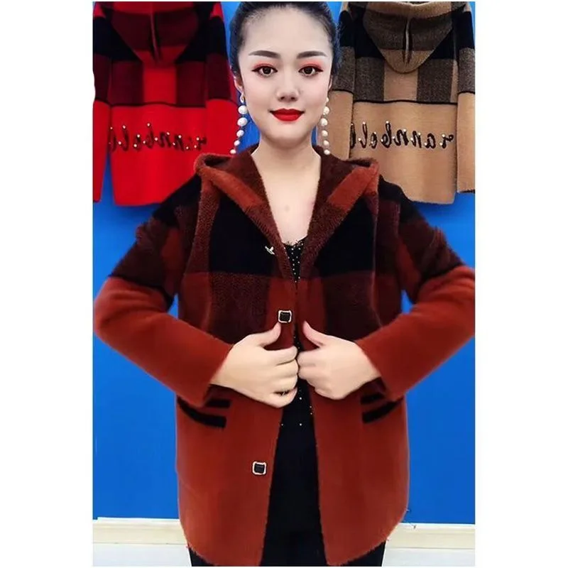 2023 New Imitation Mink Down Cropped Coat Women Autumn Winter Hooded Thickened Fashion Knitted Cardigan Jacket