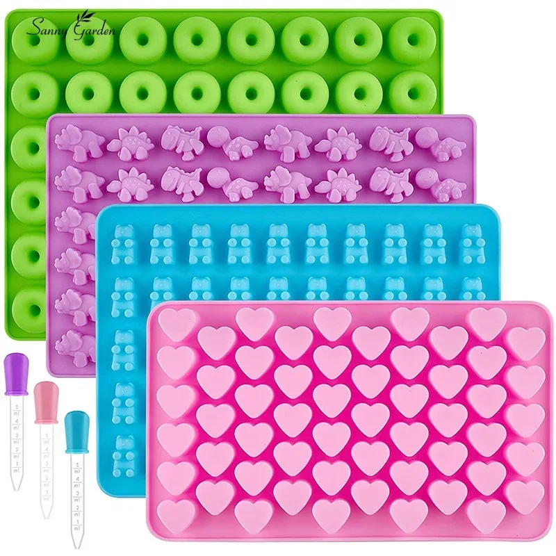 Gummy Bear Mold Silicone Chocolate Mold with Dropper DIY Dinosaur/Bear/Heart and Mini Donuts Valentine's Day Party baking mold baking decorating tools Baking