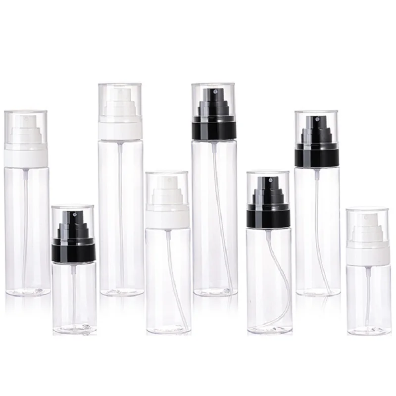 빈 투명 리필 병 화이트 블랙 미스트 스프레이, 원형 PET PP 플라스틱 향수 포장 용기, 50ml, 80ml, 100ml, 120ml, 20 개