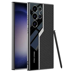 Luxury Electroplated Leather Case with Soft TPU Frame and Camera Protection - Galaxy S25 Ultra (Carbon Fiber Pattern)