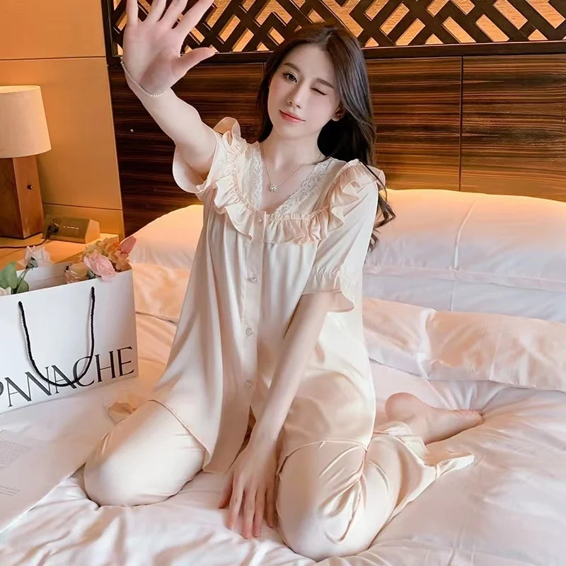 Lisacmvpnel Women Short Sleeve Suit Pajamas Court Style Set Beige Sleeve  Sweet Sleepwear - AliExpress