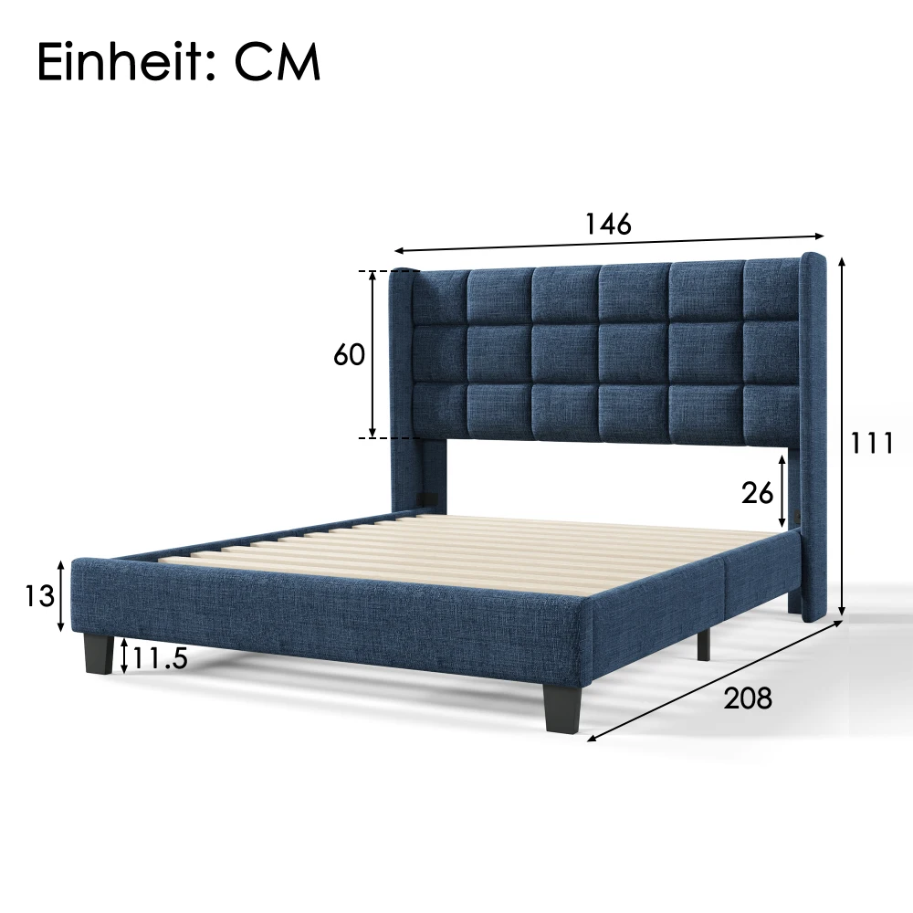 Modernes, mit Leinen gepolstertes Doppelbett, 140 x 200 cm – weich gepolstertes Bett mit Gitterkopfteil, stabile Unterstützung ohne Matratze – Detail 17