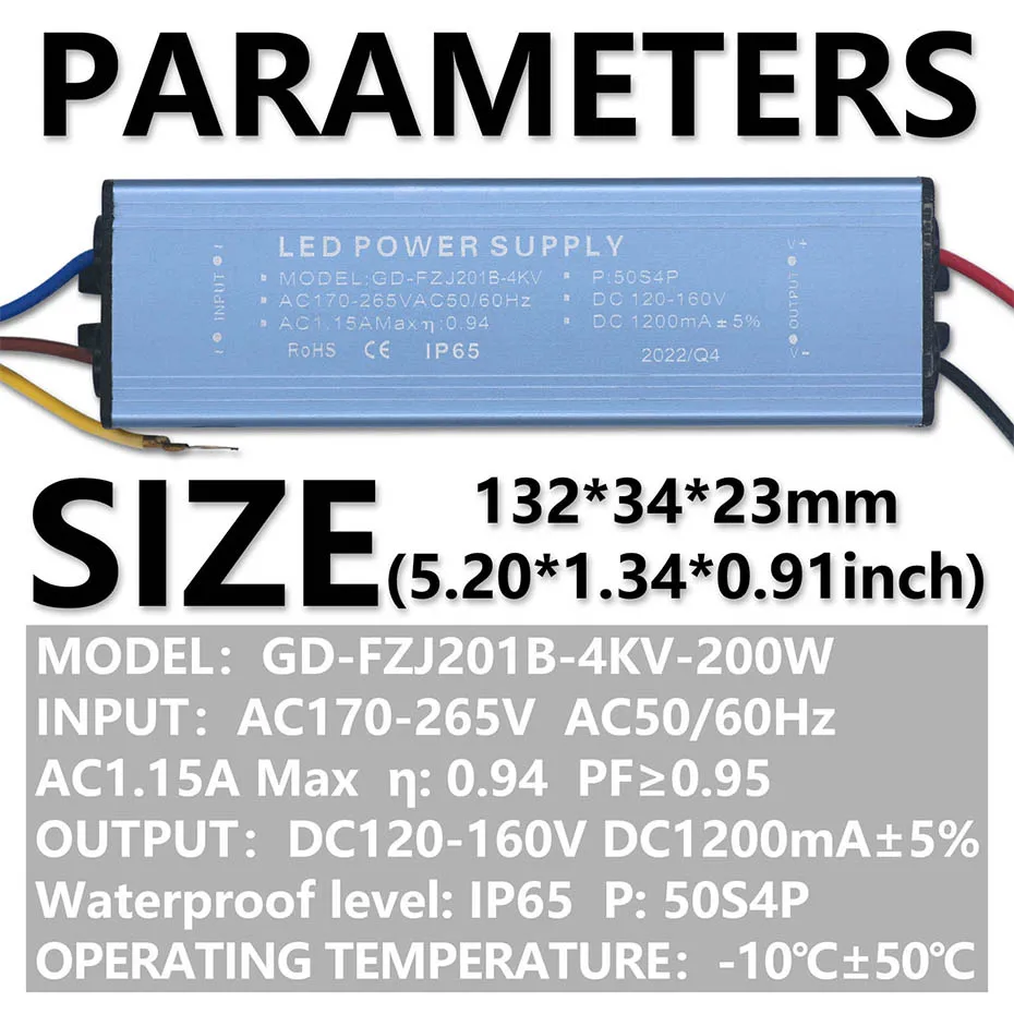 Description Picture 5 of item50W 100W 150W 200W 300mA 600mA 900mA 1200mA LED Driver AC170-265V to DC120-160V Adapter Transformer Power Supply For Floodlight