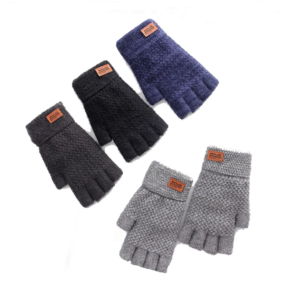 Men Women Winter Fingerless Gloves Thick Elastic Knitted Alpaca Wool Warm Half Finger Mittens Outdoor Driving Gloves Stretchy