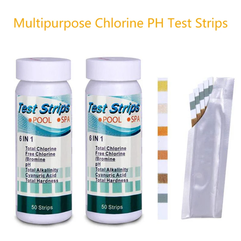 

NEW 50 Pcs/Bottle 6 In 1 Multipurpose Chlorine PH Test Strips SPA Swimming Pool Water Tester Paper