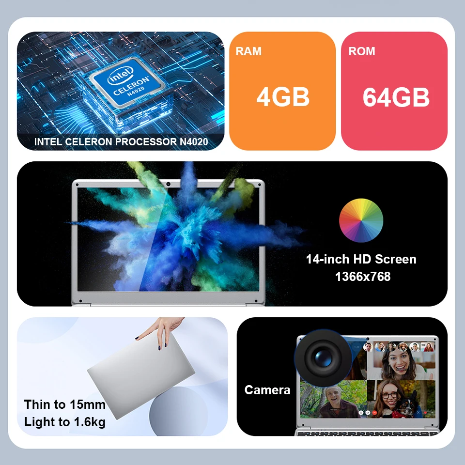 14 inch Laptop Intel N4020 Lightweight Ultra-Thin 4G+64G Windows 10 Office Ultrabook Portable PC Computer WiFi Small Notebook 2