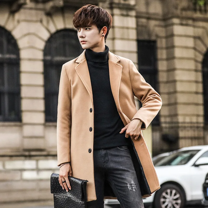 남성용 모직 롱 재킷, 슬림 트렌치 코트, 10 가지 색상 옵션 오버코트, 블랙 화이트 카키 레드 윈드브레이커, 겨울 패션
