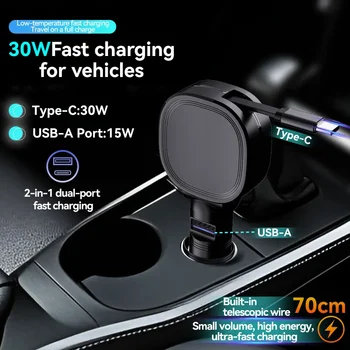 Caricabatterie da Auto USB C con Cavo Retrattile Tipo C 30W + USB 15W Adattatore di Ricarica Rapida per iPhone 17 16 15 Samsung Android