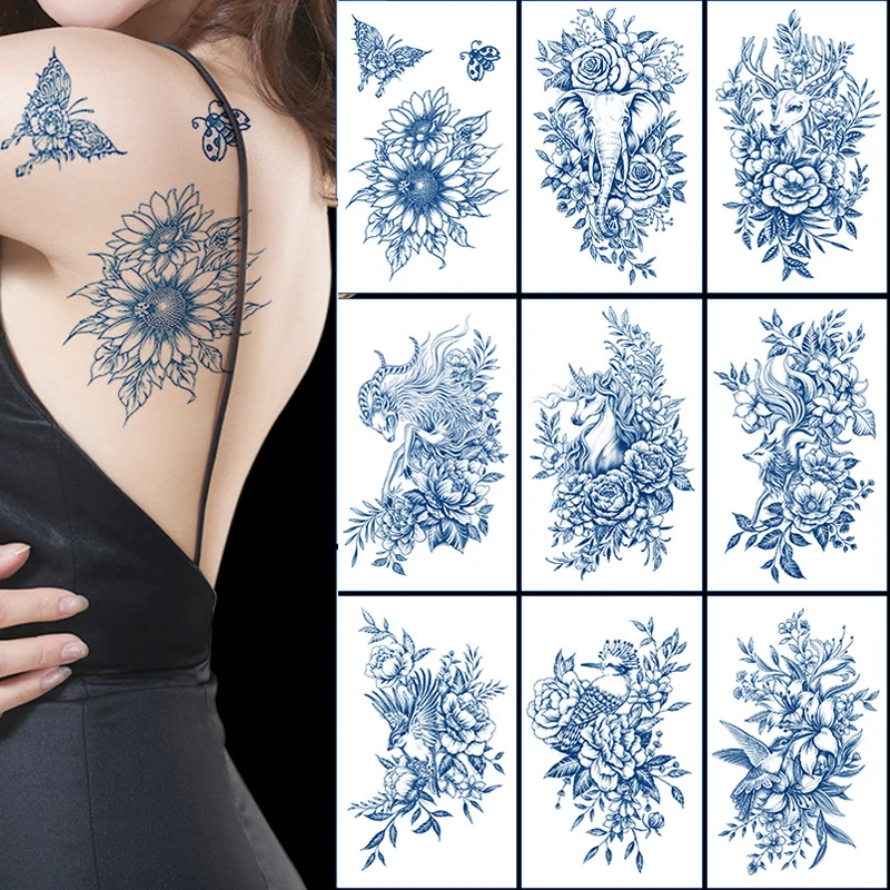 Body Art Juice Ink Tattoos Lasting Waterproof Temporary Tattoo Sticker Line Flowers Tattoo Arm Fake Henna Rose Tattoo Women